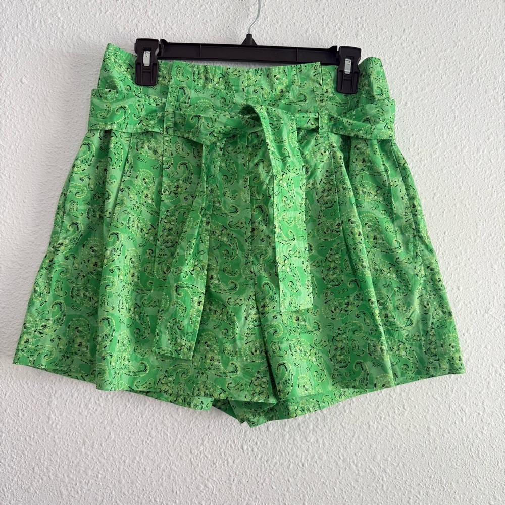 Derek Lam Green Paisley Paperbag High-Waisted Shorts Size 6